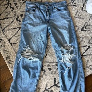 American Eagle AE Light Blue Stretch Jeans Drape Ripped Low-Rise Baggy, sz. 12